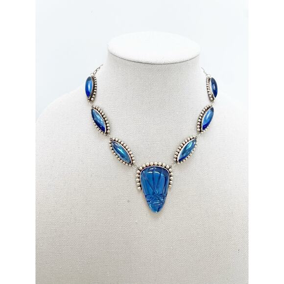 Hecho En Mexico Vintage Sterling Silver Blue Glass Statement Necklace - Picture 2 of 13